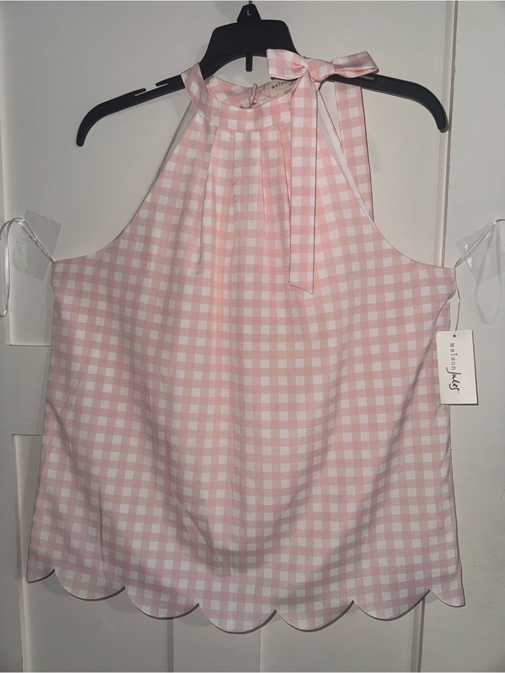Maison Jules Pink Gingham Halter Tie-Top with Scalloped Hem
